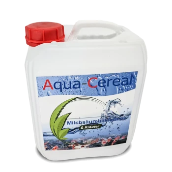 Behälter von Aqua-Cereal, einem Haustierprodukt, mit einem roten Deckel und einem Etikett mit Wassertropfen, Kräutern und dem Text "Milchsäurebakterien & Kräuter."