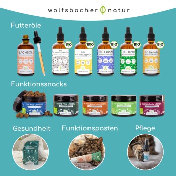 Flaschen mit biologischen Haustierölen, Gläser mit funktionellen Snacks sowie Haustiergesundheits-, Paste- und Pflegeprodukten von Wolfsbacher Natur.