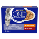 Purina ONE Adult cat wet food box, gray cat and bowl of chunks, 'x4 chicken & green beans; x4 beef & carrots'