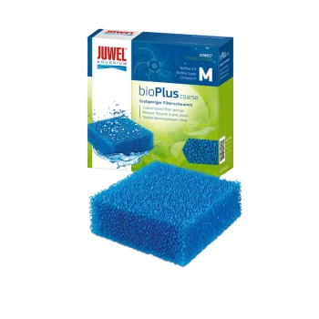 Blue coarse-pored filter sponge for aquariums, packaged in a box labeled "bioPlus coarse" by Juwel, with water splashes.