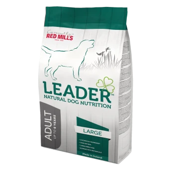 Bag of Leader Natural Dog Nutrition for large dogs, with a dog silhouette and text: "Chicken No. 1 Ingredient" and "Made in Ireland."
