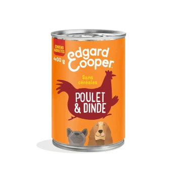 Nourriture en conserve pour chiens par Edgard & Cooper, 400 g, avec une étiquette orange vif montrant du poulet et deux chiens, étiquetée "Poulet & Dinde."