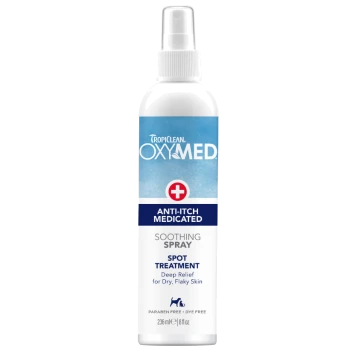 TropiClean OxyMed Anti-Itch Medicated Soothing Spray for spot treatment of dry, flaky skin, 236 ml bottle.