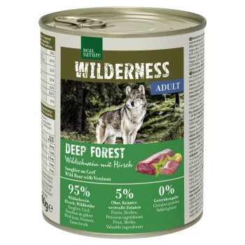 Dosen-Hundefutter mit der Aufschrift 'Wilderness Deep Forest', mit einem Wolfbild, enthält 95% Wildschwein und Reh, 5% Früchte und Kräuter, 0% zugesetzte Körner.