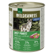 Dosen-Hundefutter mit der Aufschrift 'Wilderness Deep Forest', mit einem Wolfbild, enthält 95% Wildschwein und Reh, 5% Früchte und Kräuter, 0% zugesetzte Körner.