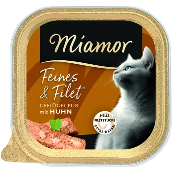 Miamor-Katzenfutter-Schale mit der Aufschrift ‚Miamor‘, ‚Feines & Filet‘, ‚Geflügel pur mit Huhn‘, mit weißem Katzenprofil und Hühnerstücken.