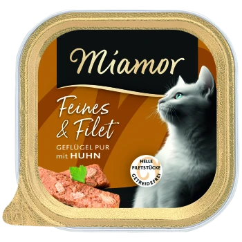 Miamor-Katzenfutter-Schale mit der Aufschrift ‚Miamor‘, ‚Feines & Filet‘, ‚Geflügel pur mit Huhn‘, mit weißem Katzenprofil und Hühnerstücken.