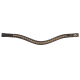 Schwarzes Leder-Halsband für Haustiere, verziert mit goldfarbenen Strasssteinen, mit einem wellenförmigen Design und einem dekorativen Logo an einem Ende.
