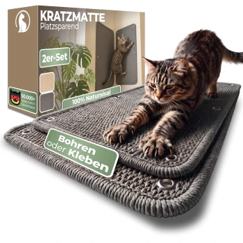 Katze, die sich auf grauen gewebten Kratzmatten streckt; Verpackung zeigt KRATZMATTE, 2er-Set und den Hinweis Bohren oder Kleben.