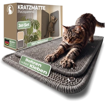 Katze, die sich auf grauen gewebten Kratzmatten streckt; Verpackung zeigt KRATZMATTE, 2er-Set und den Hinweis Bohren oder Kleben.