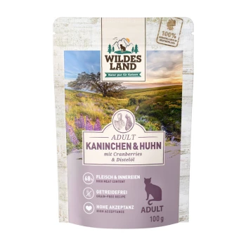 Wildes Land Katzenfutterverpackung für 'Adult Kaninchen & Huhn', mit Cranberries, Destillatöl, hohem Fleischanteil und getreidefreier Rezeptur.