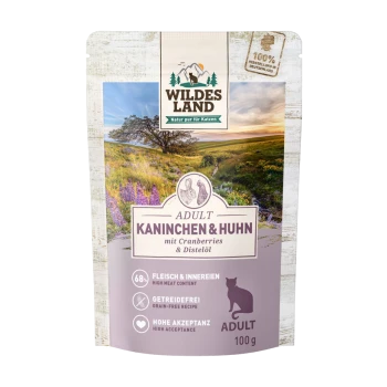 Wildes Land Katzenfutterverpackung für 'Adult Kaninchen & Huhn', mit Cranberries, Destillatöl, hohem Fleischanteil und getreidefreier Rezeptur.