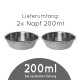 Zwei Edelstahl-Hundenäpfe, jeweils mit einem Fassungsvermögen von 200 ml, angezeigt mit dem Text "Lieferumfang: 2x Napf 200ml" darüber.