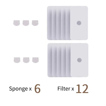 Bild von Haustierpflegeprodukten mit 6 Schwämmen und 12 Filtern, beschriftet mit 'Schwamm x 6' und 'Filter x 12' in braunem Text.