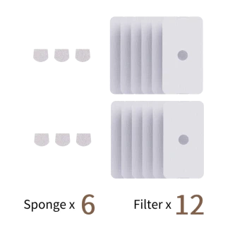 Bild von Haustierpflegeprodukten mit 6 Schwämmen und 12 Filtern, beschriftet mit 'Schwamm x 6' und 'Filter x 12' in braunem Text.