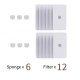 Bild von Haustierpflegeprodukten mit 6 Schwämmen und 12 Filtern, beschriftet mit 'Schwamm x 6' und 'Filter x 12' in braunem Text.