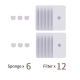 Bild von Haustierpflegeprodukten mit 6 Schwämmen und 12 Filtern, beschriftet mit 'Schwamm x 6' und 'Filter x 12' in braunem Text.