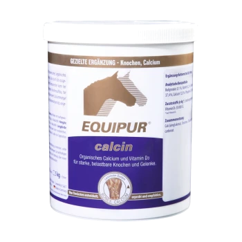 Behälter mit EQUIPUR Calcin, einem organischen Calcium- und Vitamin D3-Präparat für starke Knochen und Gelenke bei Pferden, 1,5 kg.