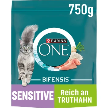 Purina ONE Bifensis Katzenfutterbeutel, 750g, mit einer flauschigen grauen Katze, beschriftet 'SENSITIVE' und 'Reich an TRUTHAN' mit Bildern von Fisch und Reis.