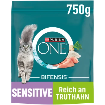 Sac de nourriture pour chats Purina ONE Bifensis, 750g, présentant un chat gris duveteux, étiqueté "SENSITIVE" et "Reich an TRUTHAN" avec des images de poisson et de riz.