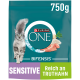 Purina ONE Bifensis Katzenfutterbeutel, 750g, mit einer flauschigen grauen Katze, beschriftet 'SENSITIVE' und 'Reich an TRUTHAN' mit Bildern von Fisch und Reis.