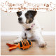 Ein schwarz-weißer Hund sitzt neben einem orange-schwarzen, raketenförmigen Spielzeug mit der Aufschrift "Rocket" für Hunde, 100% Naturkautschuk.