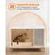 Katzenklo-Schrank mit einer grauen getigerten Katze darin, mit einer Katzentoilette und Text, der Privatsphäre für Katzen und Geruchsreduzierung fördert.