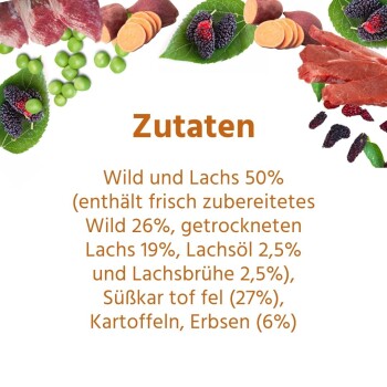 Wildfang Hundefutter für Erwachsene, mit Kibble-Stücken, die mit Größenangaben auf einem türkisfarbenen Hintergrund angezeigt werden.