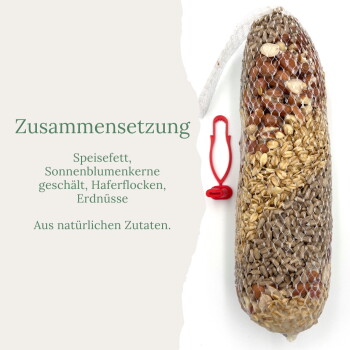 Netzverpackte Vogelsamen‑ und Erdnussfettrolle mit rotem Aufhänger; deutscher Text 'Zusammensetzung' und Inhaltsstoffliste.