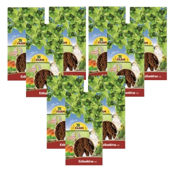 Eine Collage von JR FARM Haustierfutterverpackungen mit "Kolbenhirse rot" und Bildern von bunten Vögeln und grünen Blättern im Hintergrund.