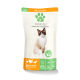 Verpackung für Katzenfutter mit einer weißen und braunen Katze, beschriftet mit "Fellicita" und dem Text "Huhn, Pute & Ente" sowie ernährungsphysiologischen Angaben.