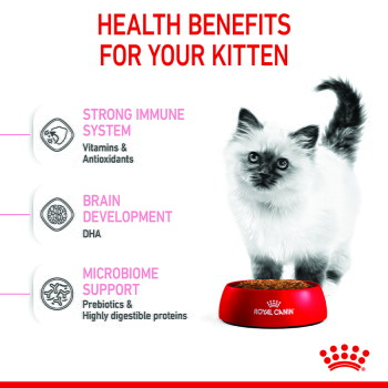 White kitten next to red Royal Canin bowl; text 'HEALTH BENEFITS FOR YOUR KITTEN': immune, DHA (brain), microbiome.