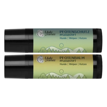 Zwei Tuben von Haustierpflegeprodukten, beschriftet mit "Yuki cares Pfotenbalsam" (grün) und "Yuki cares Pfotenschutz" (blau), jeweils 5 ml.