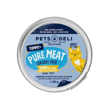 Runde Dose Pets Deli Pure Meat grobe Pastete Huhn für erwachsene Katzen, 85g, mit gelber Katzenillustration.