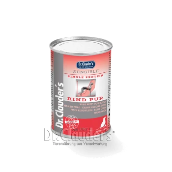 Dose von Dr. Clauder's Sensible Single Protein Hundefutter, beschriftet mit "Rind Pur" in einem roten und silbernen Design, mit einer Silhouette eines Hundes.