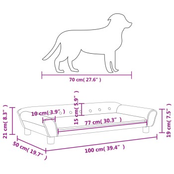 Illustration eines Hundebettes (100x50x21 cm) neben einer 70 cm Hundesilhouette.