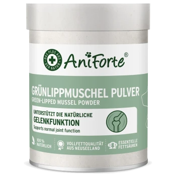Behälter mit AniForte Grünlippmuschel-Pulver, beschriftet in Deutsch und Englisch, fördert die Gelenkunterstützung und besteht aus 100% natürlichen Zutaten.