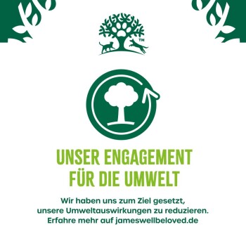 Logo mit einem Baum und Tieren, mit dem Text "UNSER ENGAGEMENT FÜR DIE UMWELT" und einer Botschaft zur Reduzierung der Umweltauswirkungen.