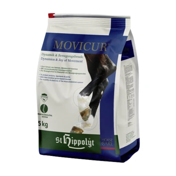 Ein 5 kg Sack MOVICUR® Pferdeergänzungsmittel von St. Hippolyt, der das Bein und den Huf eines Pferdes zeigt und die Vorteile für Mobilität und Gelenkgesundheit betont.
