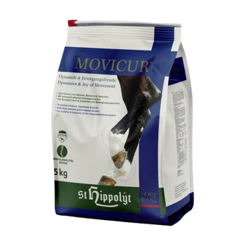 Ein 5 kg Sack MOVICUR® Pferdeergänzungsmittel von St. Hippolyt, der das Bein und den Huf eines Pferdes zeigt und die Vorteile für Mobilität und Gelenkgesundheit betont.