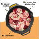Eine gusseiserne Pfanne mit rohem Huhn, Ente, Zucchini und Leber, beschriftet mit "70% frisches Huhn & leckere Ente" und "Mit Katzenminze."