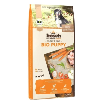 BIO Puppy Hühnchen + Karotten 11,5 kg Bosch Bio Welpen-Hundefutterbeutel, 11,5 kg, mit Karotten, Huhn und Gemüse; 26% Protein, für Welpen bis zu 12 Monaten.