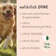 Golden Retriever spielen draußen mit Text über natürliches Tierfutter: keine künstlichen Zusatzstoffe, Füllstoffe, Zucker oder Gluten, beschriftet mit "100% Natur."