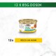 Gourmet-Katzenfutterverpackung mit 12 Dosen zu je 85 g, beschriftet mit "Mousse mit Saucenherz" und "Reich an Huhn."