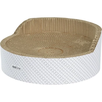 Runder Katzenkratzbaum mit einer gewellten Oberfläche und einem weißen Sockel mit schwarzen diagonalen Streifen, beschriftet mit "AniOne."