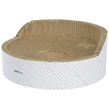 Runder Katzenkratzbaum mit einer gewellten Oberfläche und einem weißen Sockel mit schwarzen diagonalen Streifen, beschriftet mit "AniOne."