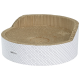 Griffoir rond pour chat avec une surface ondulée et une base blanche avec des rayures noires diagonales, étiqueté "AniOne".