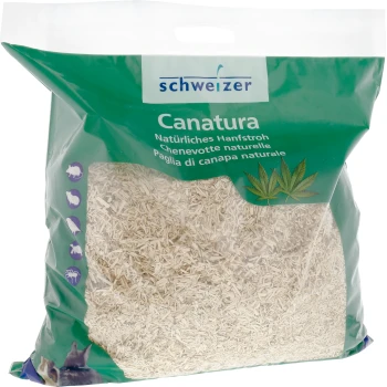 Hanfstroh Canatura 3kg Eine transparente Tasche aus natürlichem Hanfstroh, beschriftet mit "Canatura" von Schweizer, in Grün- und Blautönen, mit Bildern von kleinen Tieren.