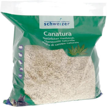 Un sac transparent de paille de chanvre naturel étiqueté "Canatura" par Schweizer, présentant des couleurs vertes et bleues, avec des images de petits animaux.