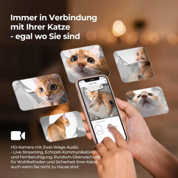 Smartphone zeigt Live-Katzenkamera-Feed mit mehreren Vorschaubildern von Katzen; deutscher Text: 'Immer in Verbindung mit Ihrer Katze'.